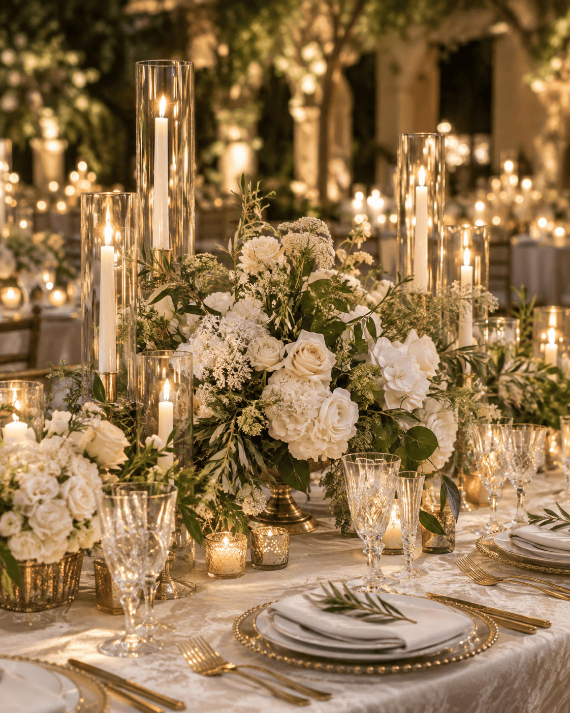White floral arrangements and glowing candles at an evening event