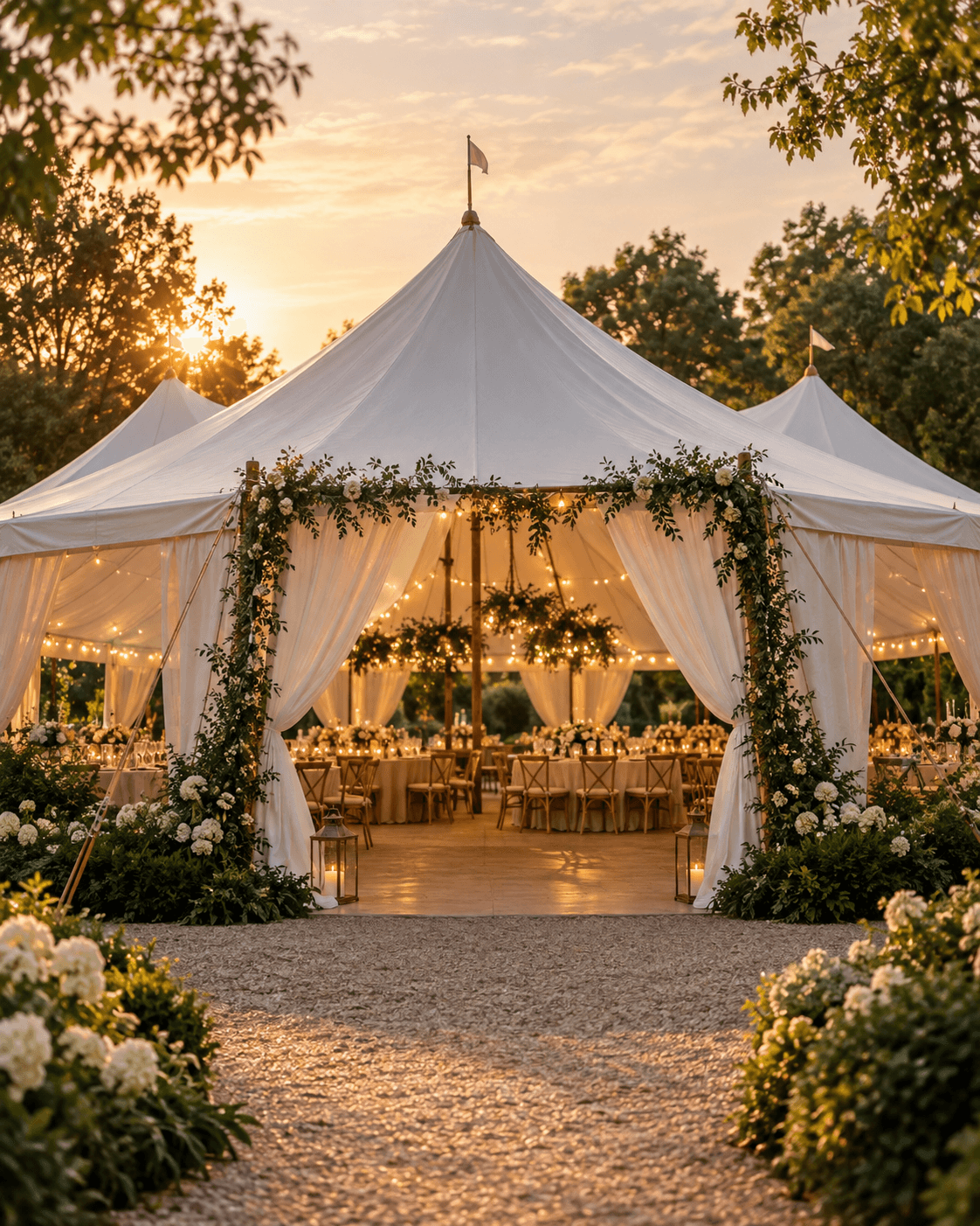 A white event marquee in a lush garden at golden hour