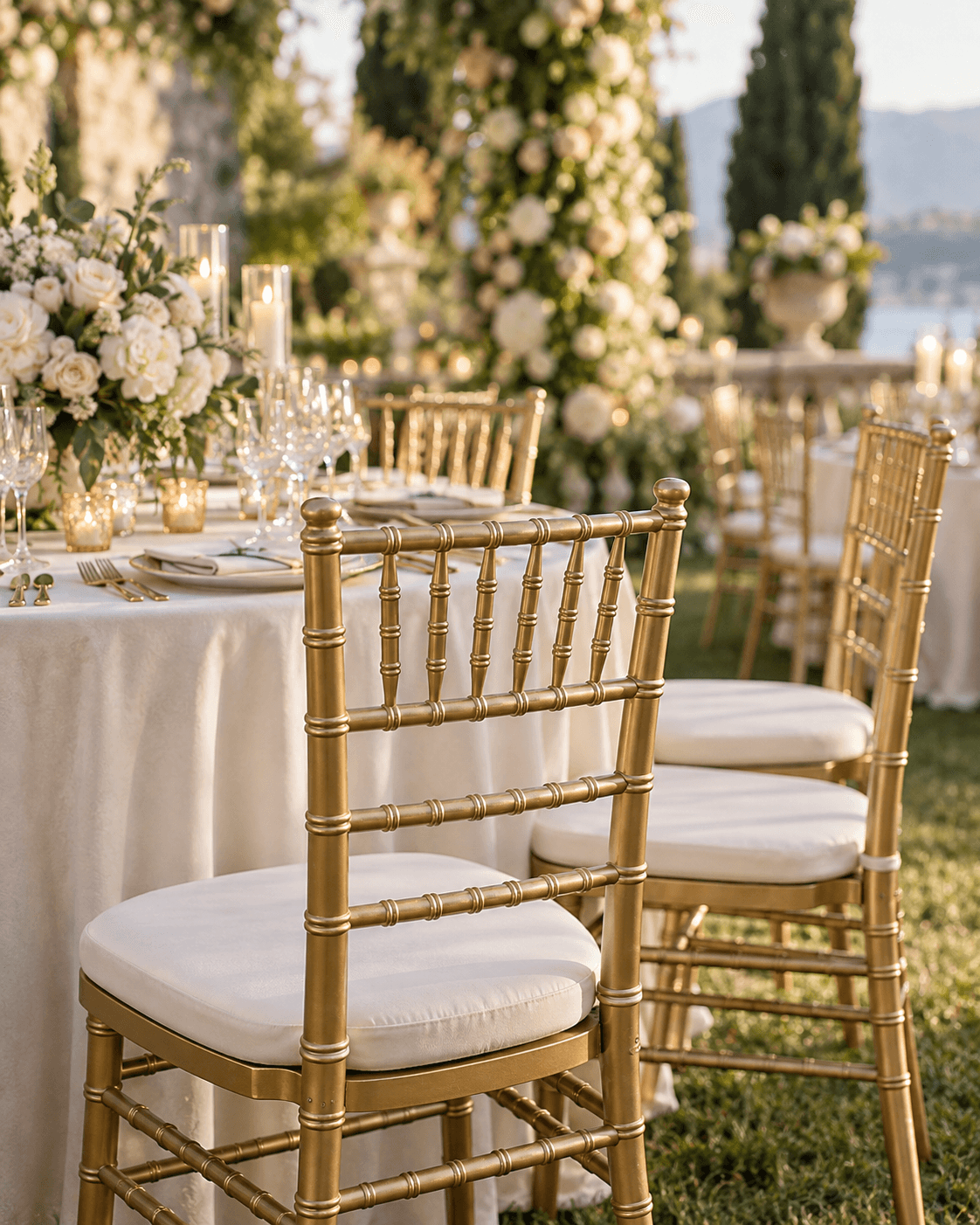 Gold chairs with ivory cushions at a garden reception