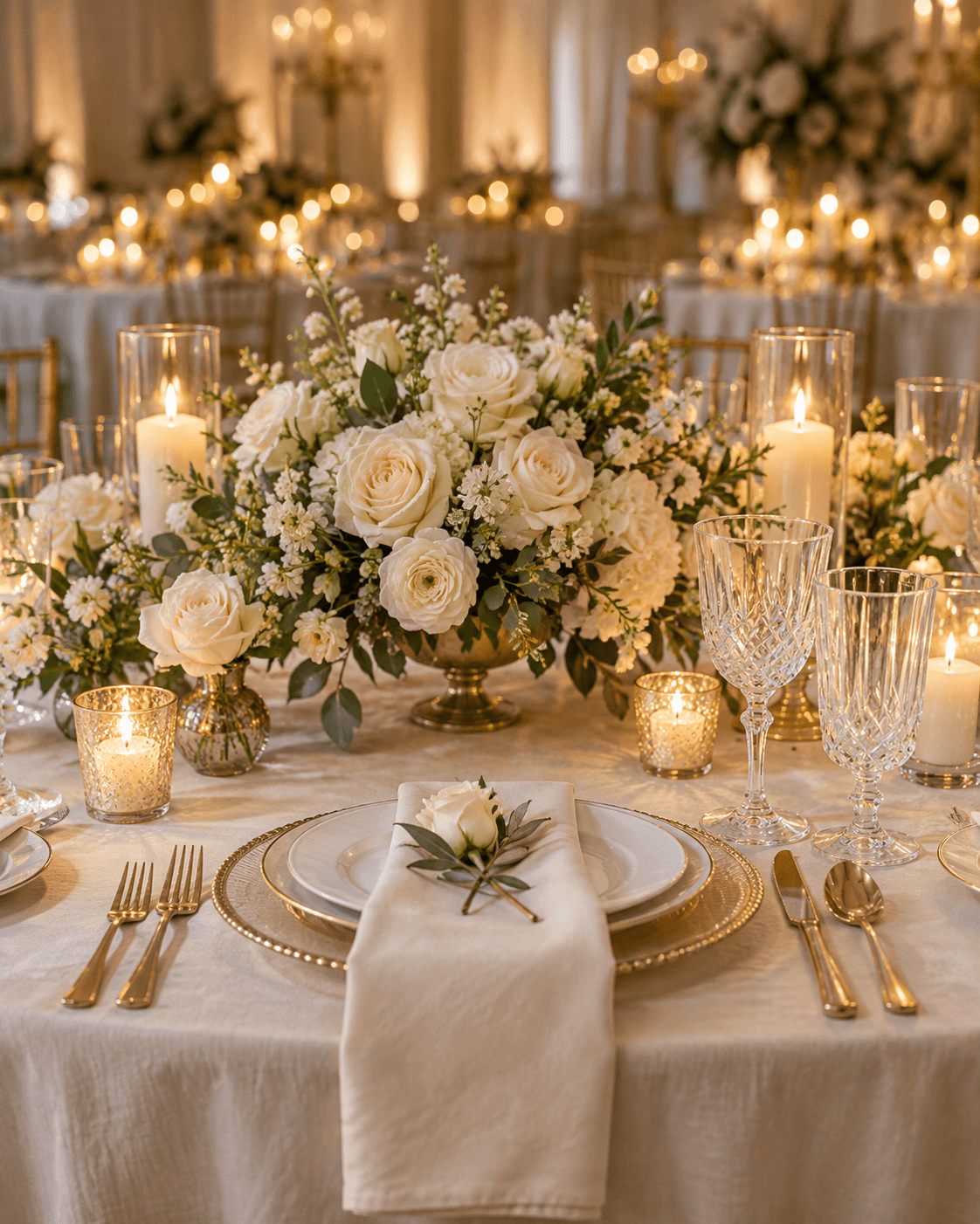 An elegant reception table with crystal glassware and white flowers