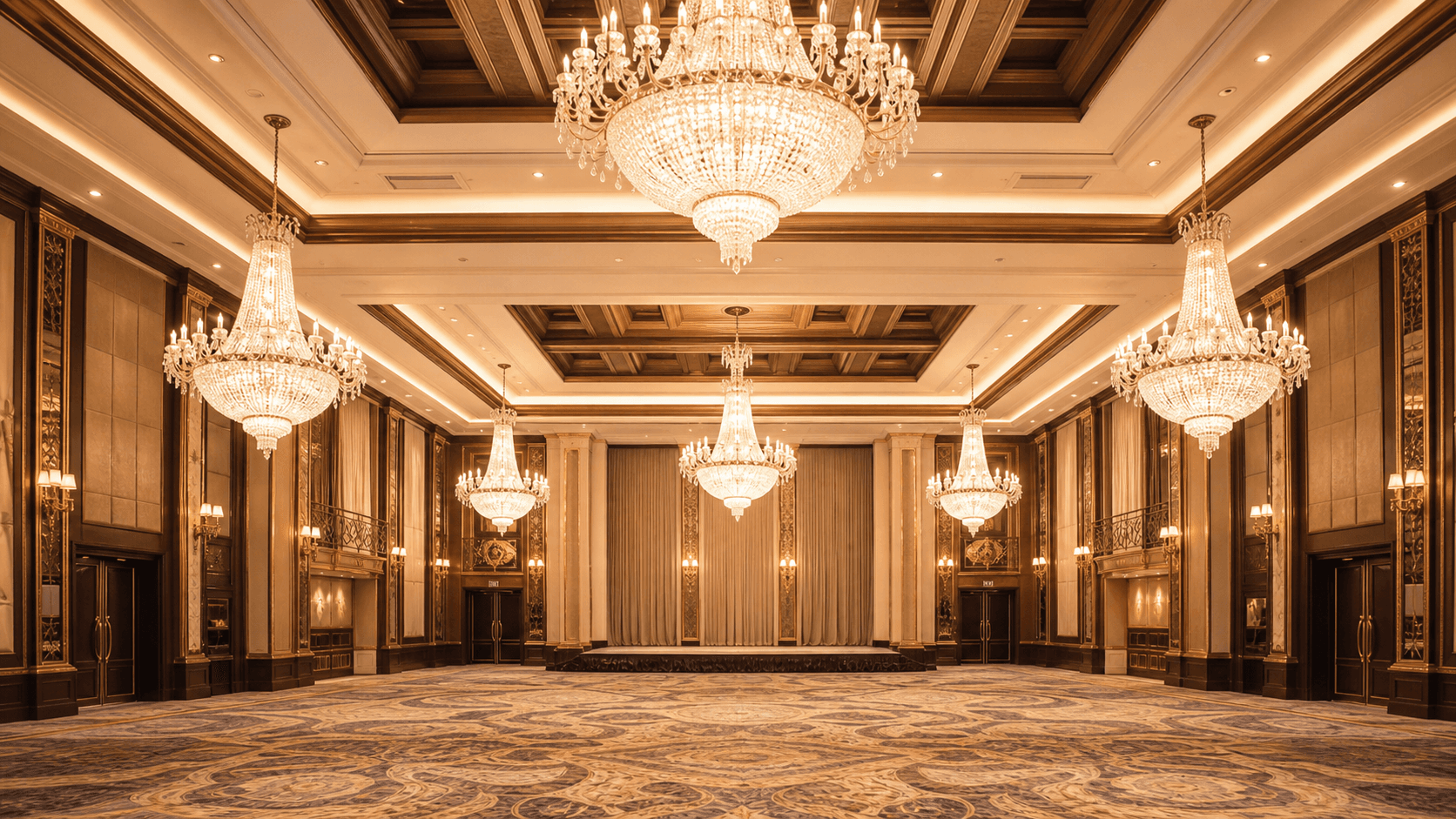 Grand Lagos ballroom illuminated by crystal chandeliers